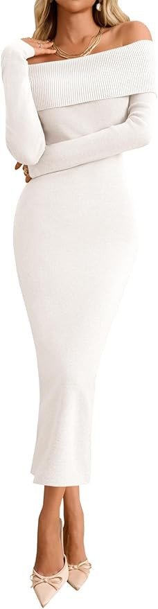 Wenrine Womens Off The Shoulder Bodycon Sweater Dress 2025 Elegant Long Sleeve Cocktail Party Mid... | Amazon (US)