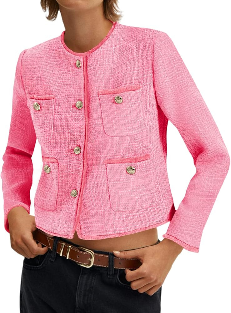 Cicy Bell Cropped Blazers for Women Business Casual Tweed Collarless Button Down Womens Jackets | Amazon (US)