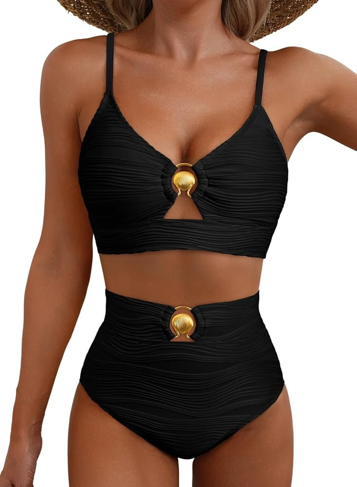 Herseas 2 Piece Bestselling Bikini Set Metal Ring Cutout Swimsuit High Waisted Textured 2025 Summ... | Amazon (US)
