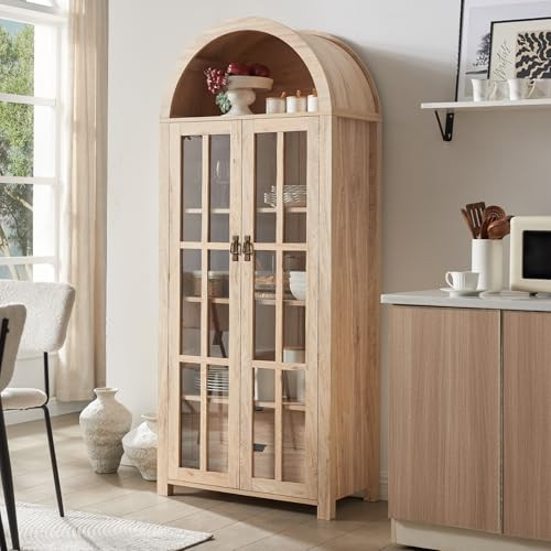 71" Tall Arched Kitchen Pantry Storage Cabinet with Glass Doors, 5 Tier Modern Bookshelf with 2 Drawers, Wooden Storage Cabinet with Doors and Shelves for Living & Dining Room, Bathroom, Laundry Room | Amazon (US)