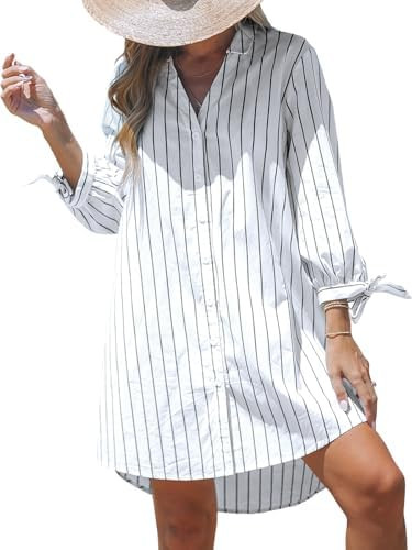 CUPSHE Women Mini Summer Dress Cover Up Oversize Floral Shirt 3/4 Sleeve Cuff Tie Button Down Bea... | Amazon (US)