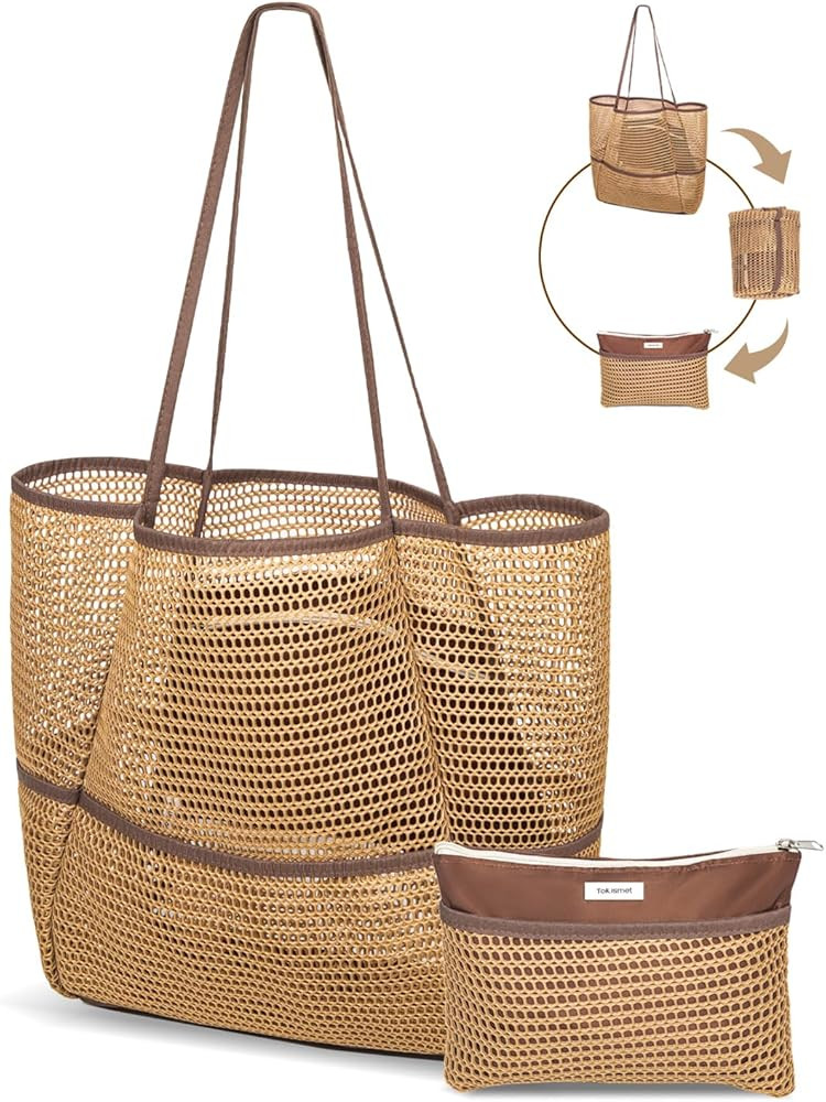 Mesh Beach Tote Bag Packable,2026 New 2-in-1 Large Lightweight Foldable Beach Bags with Multiple ... | Amazon (US)