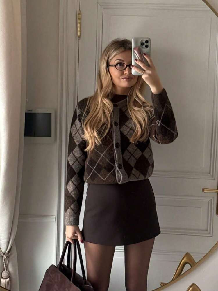 Camellia Women's Autumn/Winter New Rhombus Pattern Long Sleeve Single-Breasted Casual Cardigan Sweater | SHEIN