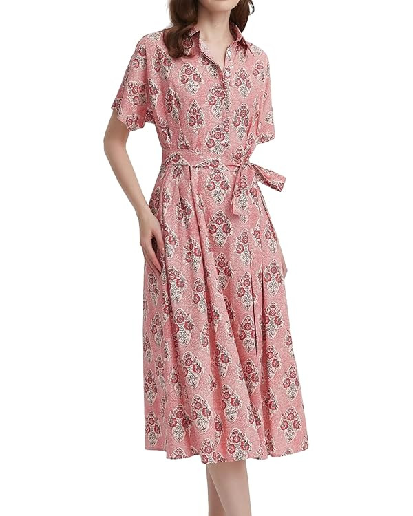 Womens Summer Floral Maxi Dress Short Sleeve V Neck Button Belt Casual Long Flowy Shirt Dress | Amazon (US)