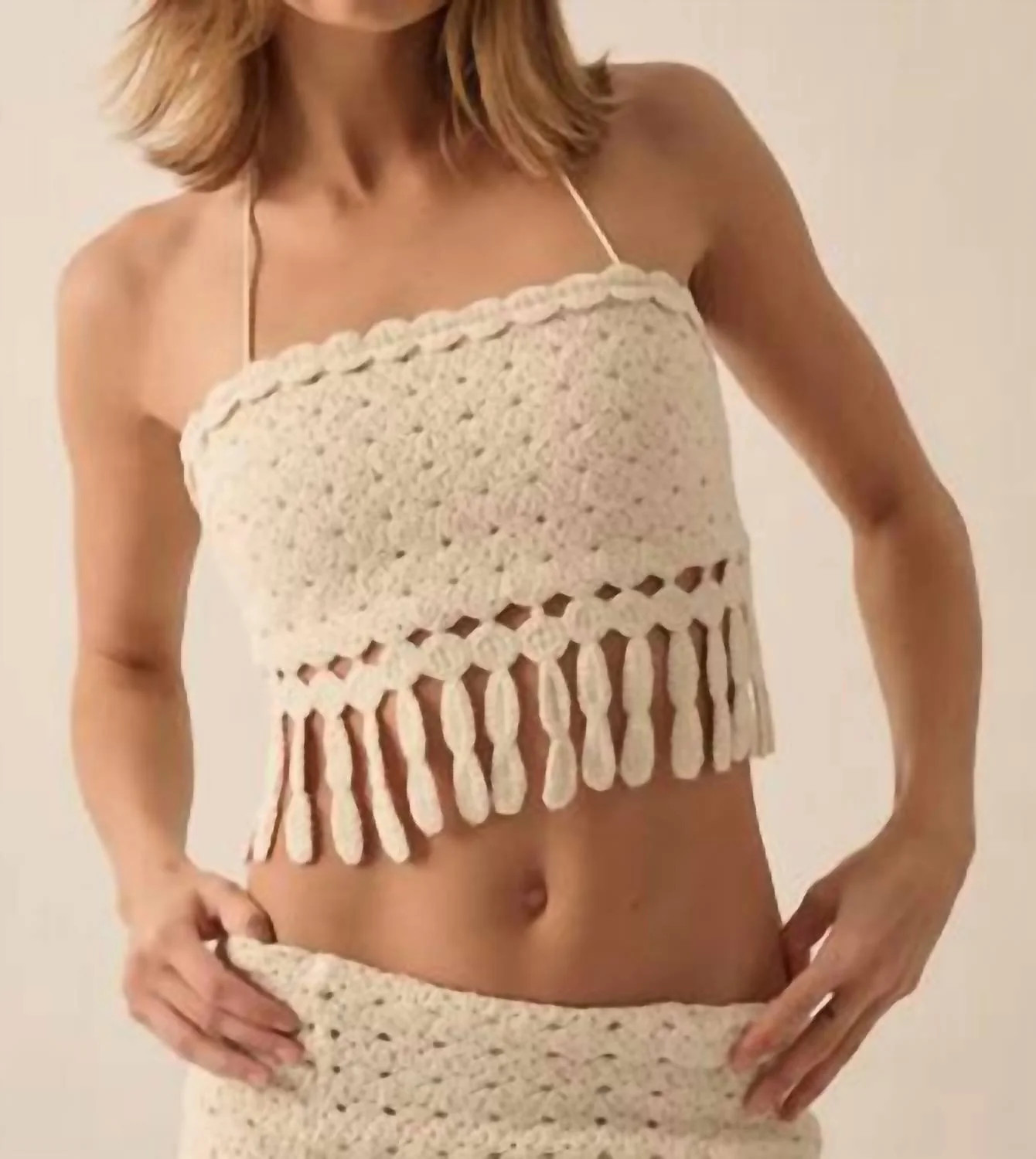 Crotchet Knit Fringe Tube Halter Top In Off White | Shop Simon