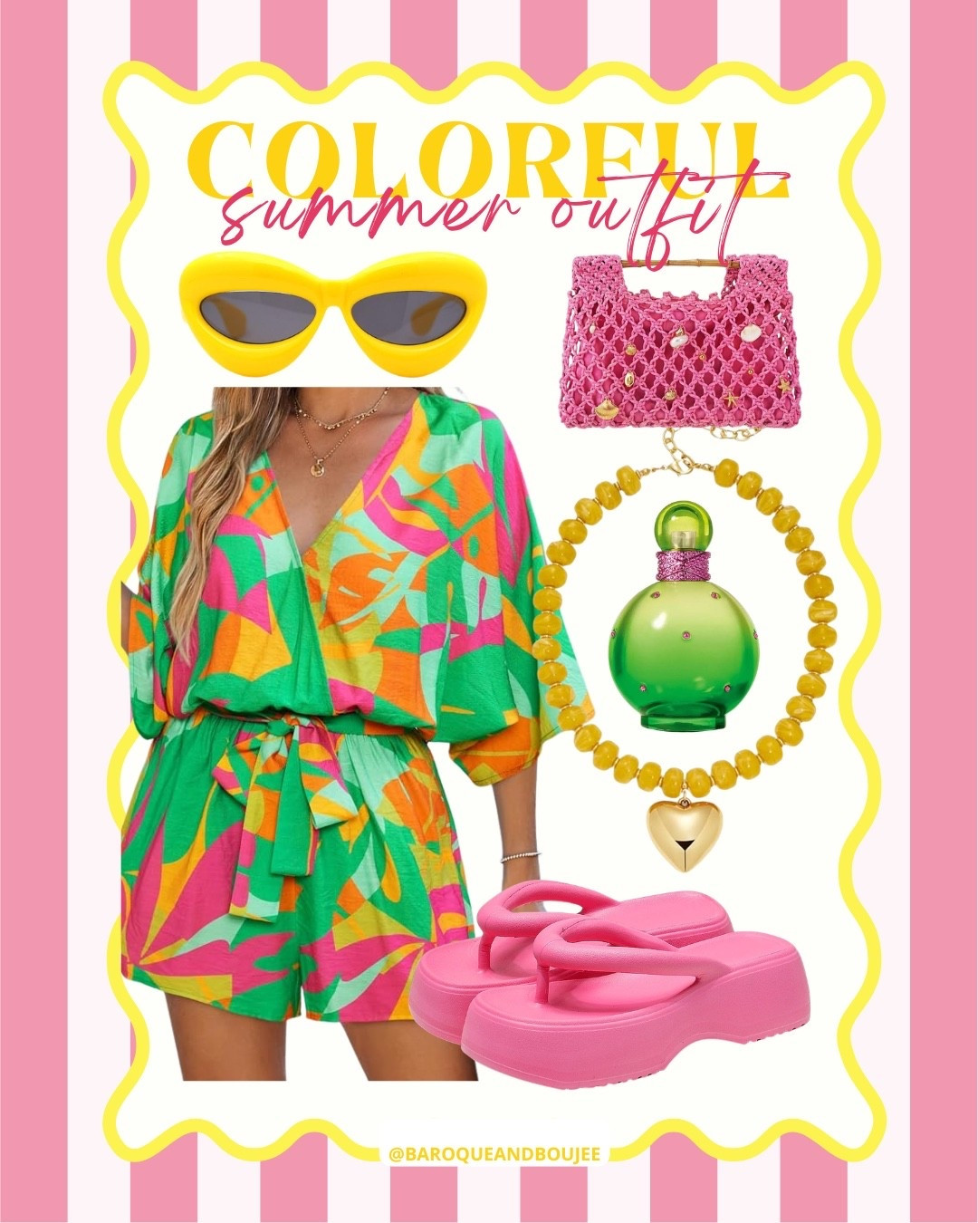 Keep the Summer Vibes going with this colorful outfit that includes a dopamine raising romper, puffy sandals, inflated sunglasses, chunky beaded heart pendant necklace, embellished woven clutch and a fresh fragrance. Affordable fashion doesn’t have to be boring!

#LTKootd #LTKSaleAlert #LTKgrwm