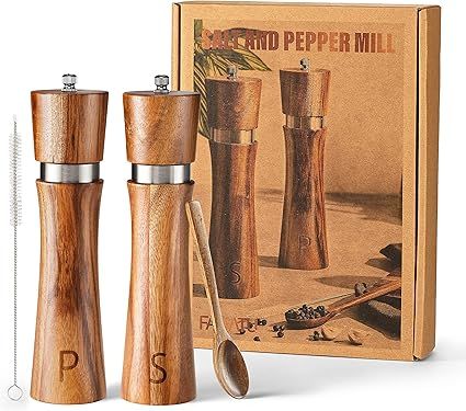 Wooden Salt and Pepper Grinder Set - 8 Inch Acacia Wood Pepper Mill and Salt Grinder with Adjusta... | Amazon (US)