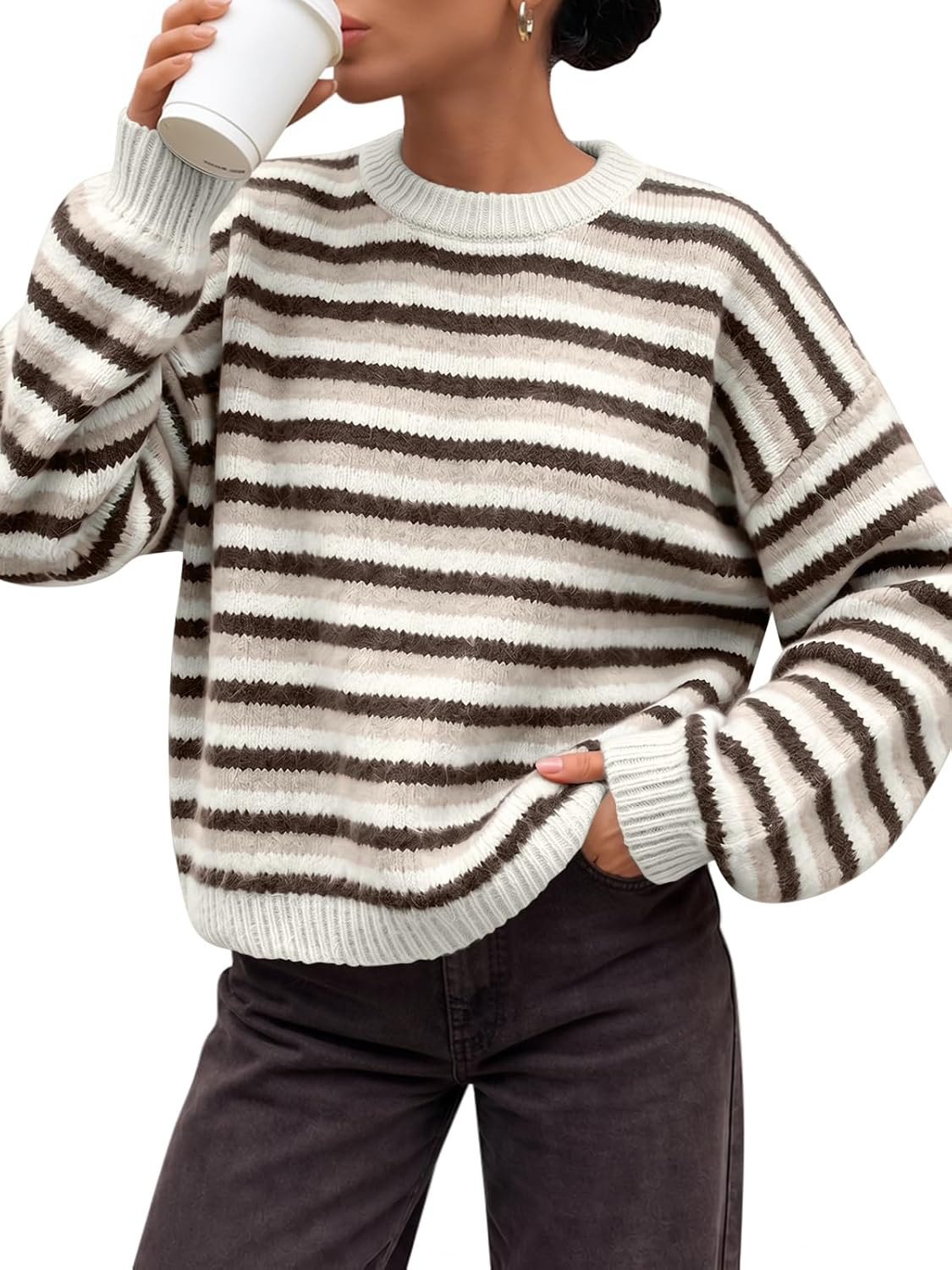 Trendy Queen Women Striped Oversized Sweaters Fall Knit Cute Winter Outfits | Amazon (US)