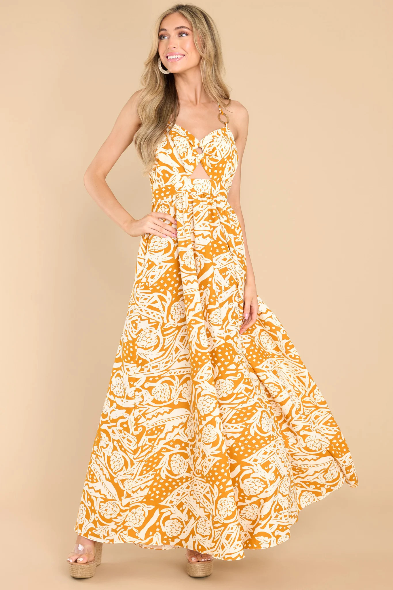 The Same Place Mustard Print Maxi Dress | Red Dress 