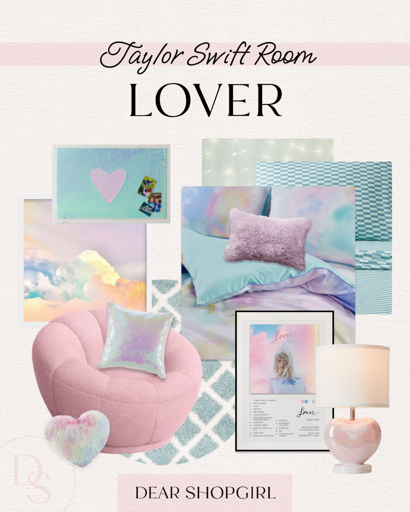 This is our place, we make the call 💖 a Lover-inspired bedroom or dorm room for the ultimate Taylor Swift fan in your life! Sequins, tie dye bedding, furry pillows, heart lamps, rainbow skies wall art and Christmas lights of course. 

#LTKBacktoSchool #LTKkids #LTKhome