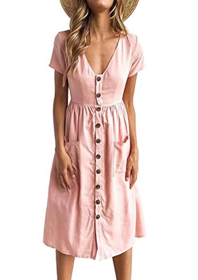 Yidarton Women's Summer Short Sleeve V Neck Button Down Causal Plain Swing Midi Dress with Pockets | Amazon (US)