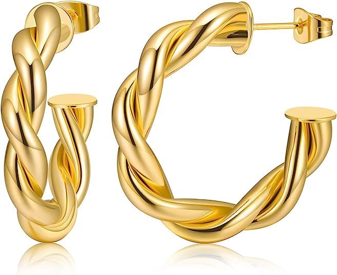 Twisted Hoop Earrings 14K Gold Plated 925 Sterling Silver Post Chunky Hoop Earrings Lightweight H... | Amazon (US)