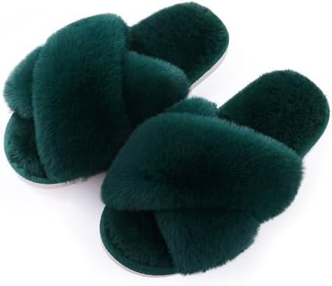 Evshine Women's Fuzzy Slippers Cross Band Memory Foam House Slippers Open Toe | Amazon (US)