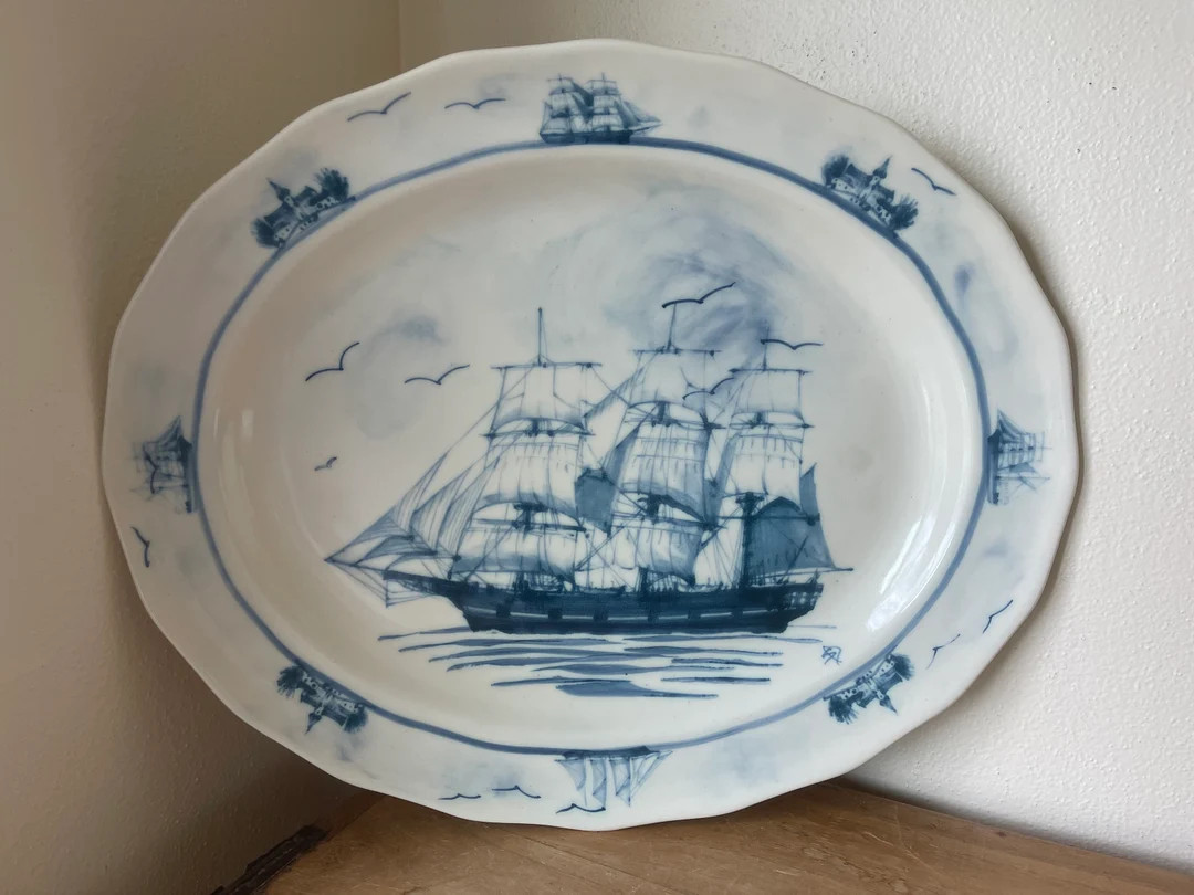 Vintage Oxney Green Nautical Ships Serving Platter | 18"w X 15"h | Large Size | English Pottery | Etsy (US)