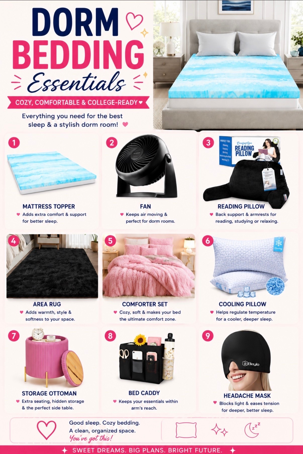 Create the dorm room you’ll actually want to come back to after a long day of classes. 🛏️✨

From a cooling mattress topper and comfy reading pillow to a bedside caddy, fan, plush rug, and sleep mask, these dorm bedding essentials make your space feel cozy, organized, and perfect for studying or relaxing. Small upgrades can make a huge difference in your comfort all semester long!

Save this checklist before move-in day and shop your favorites to create the ultimate college-ready room! 💕 
#DormEssentials #CollegeMoveIn #DormRoomInspo #CollegeLife #DormDecor

#LTKmomlife #LTKU #LTKHome