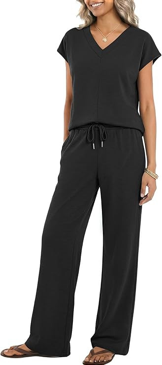 Casly Lamiit Two Piece Sets for Women Summer Travel Outfits V Neck Cap Sleeve Top Wide Leg Pant S... | Amazon (US)