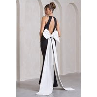 Bestow | Black Open-Back Maxi Dress With Oversized White Bow | Club L London