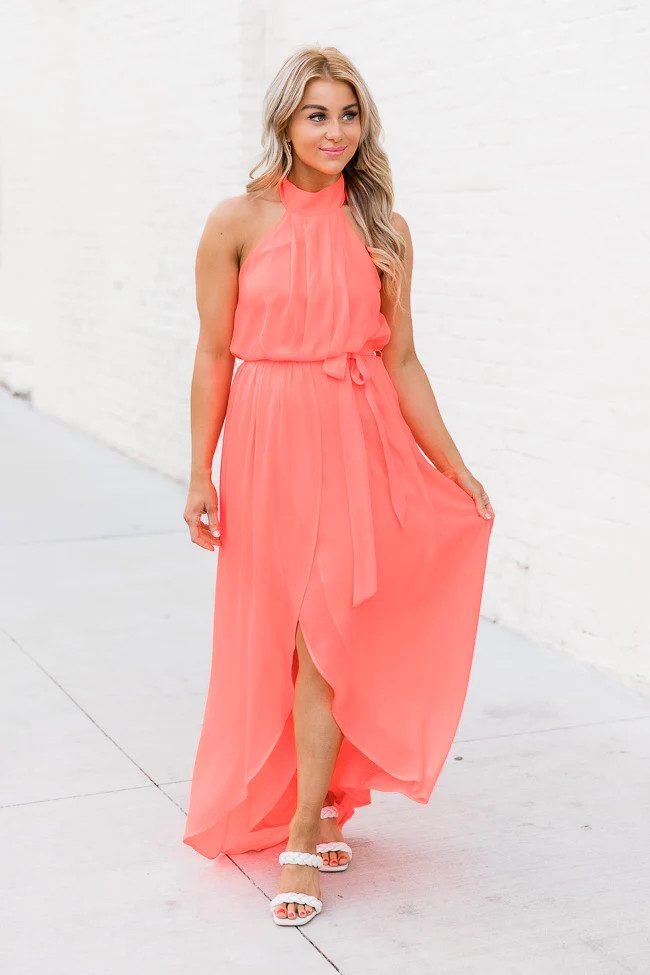 Tell Me About It Bright Coral Maxi Dress FINAL SALE | Pink Lily