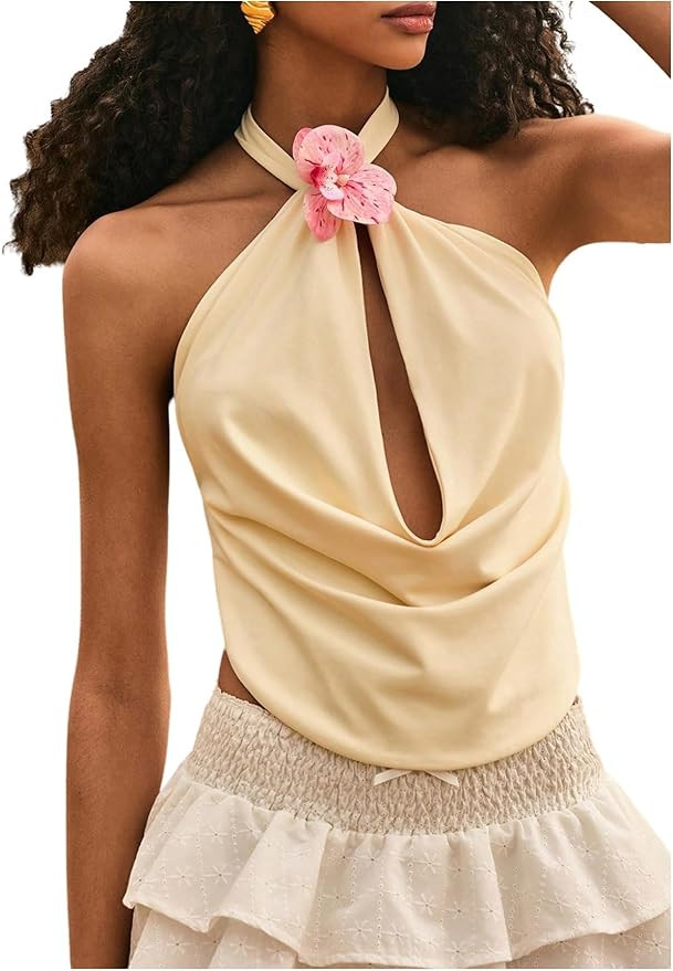 Milumia Women's Cowl Neck Halter Tops 3D Floral Draped Front Backless Crop Tank Tops | Amazon (US)