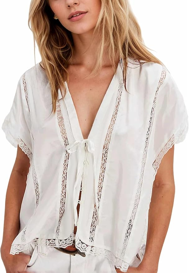 MISSACTIVER Women V Neck Tie Open Front Shirts Summer Oversized Button Down Blouses Casual Short ... | Amazon (US)