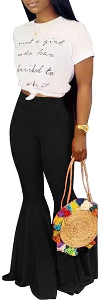 ksotutm Women's Causal Ruffle Flare High Waist Bell Bottoms Slim Fit Stretchy Wide Leg Pants Trouser | Amazon (US)