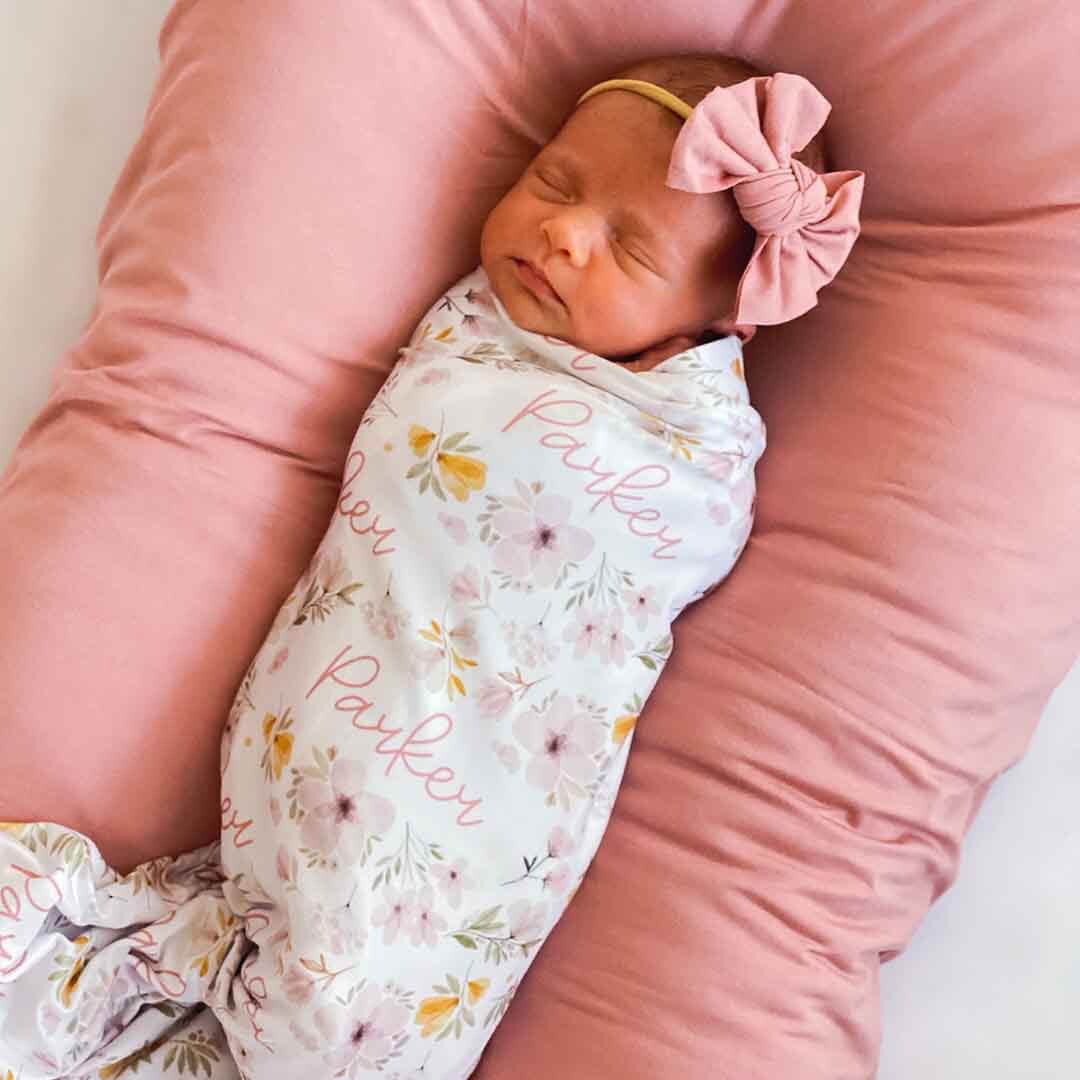 Maeve's Mauve & Mustard Floral Personalized Baby Name Swaddle | Caden Lane