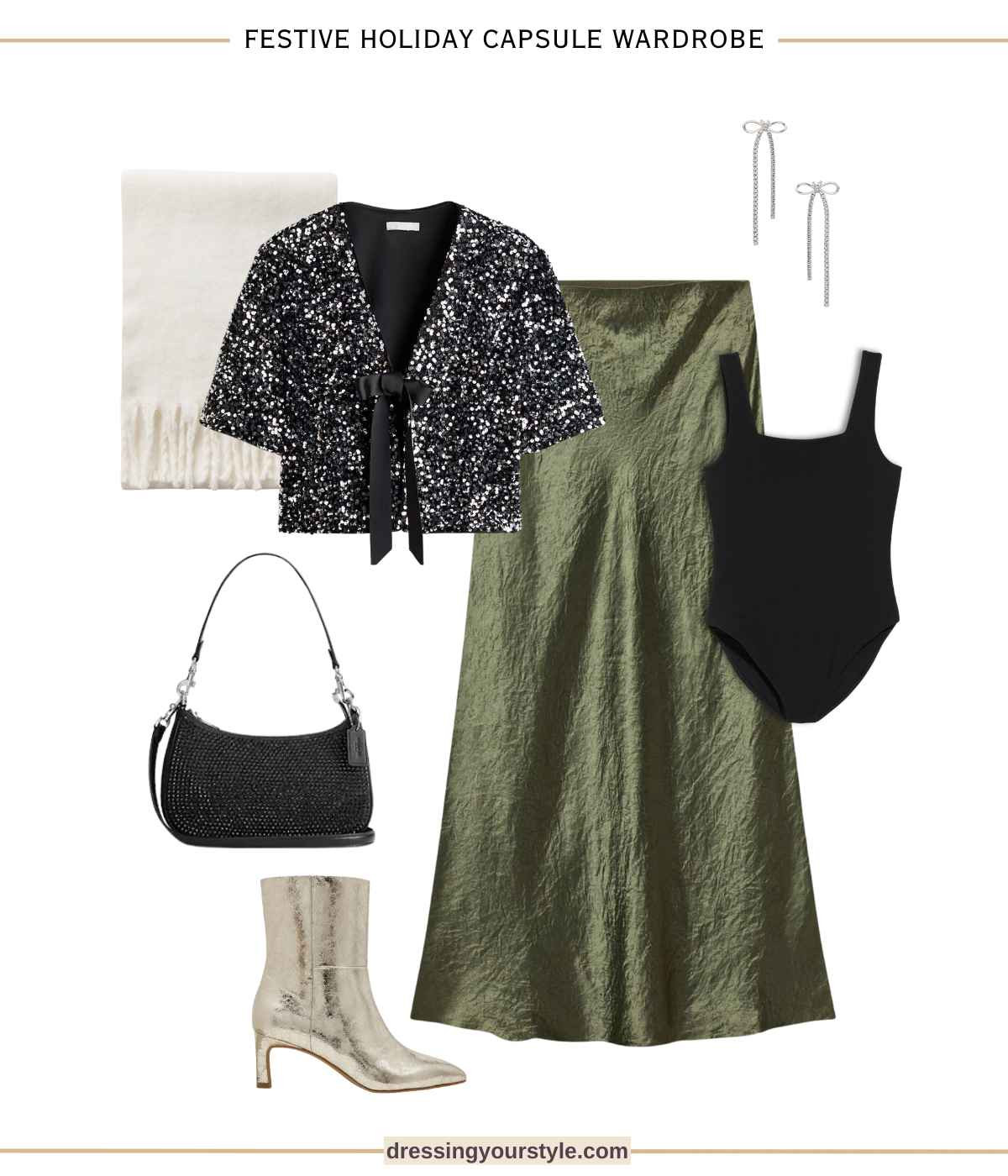 Festive holiday party outfit with olive green satin skirt, sequin cardigan, silver ankle boots and sparkly earrings. 

#LTKHoliday #LTKParties #LTKSeasonal