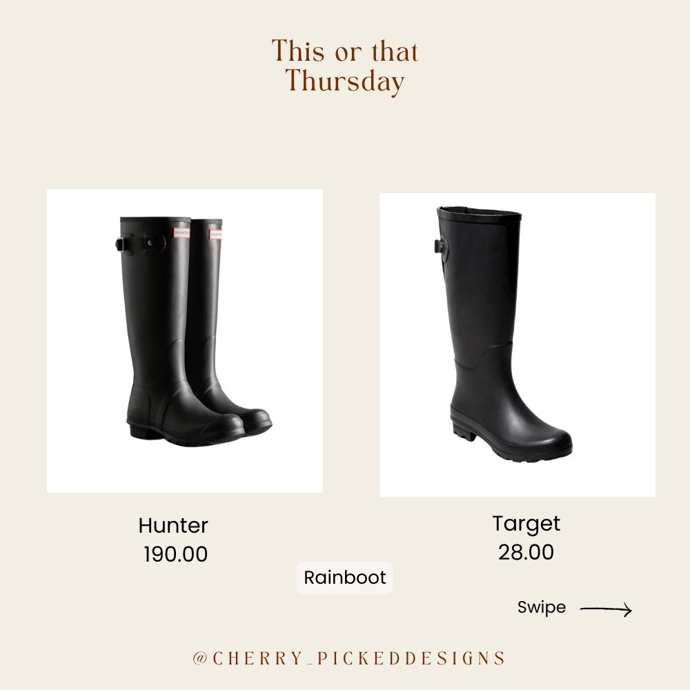 This or That Thursday for rainy days! 🌧️ You can't go wrong with a classic rain boot, and this Target pair is a perfect dupe for the iconic Hunter boots. Get the same timeless look for a fraction of the cost, making them a fall and winter must-have! 👢 On "This or That Thursdays" I share amazing dupes I've personally found, and every single day I bring you affordable home decor that looks and feels high-end. Follow along so you don't miss out on the steals! 😉 #Rainboots #HunterBoots #TargetStyle #TargetFinds #DupeAlert #HighLowFashion #AffordableStyle #FallFashion #SeasonalStyle #ThisOrThatThursday #BudgetFriendly #HomeDecorStylist #OOTD #RainyDayStyle

#LTKSeasonal #LTKautumn #LTKFindsUnder50