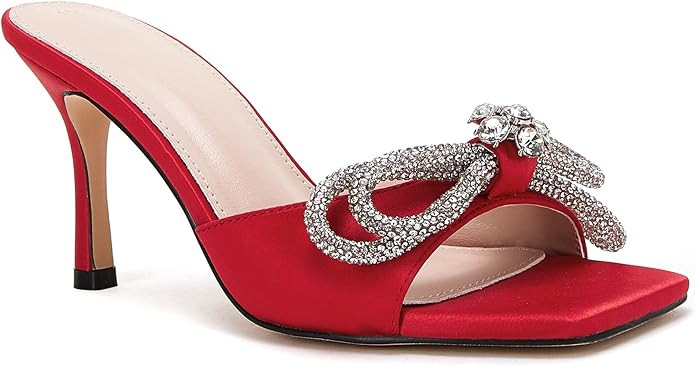 Women's Heeled Sandals Square Open Toe Double Bow Satin Mules Heels Wedding Party Slip on Stilett... | Amazon (US)