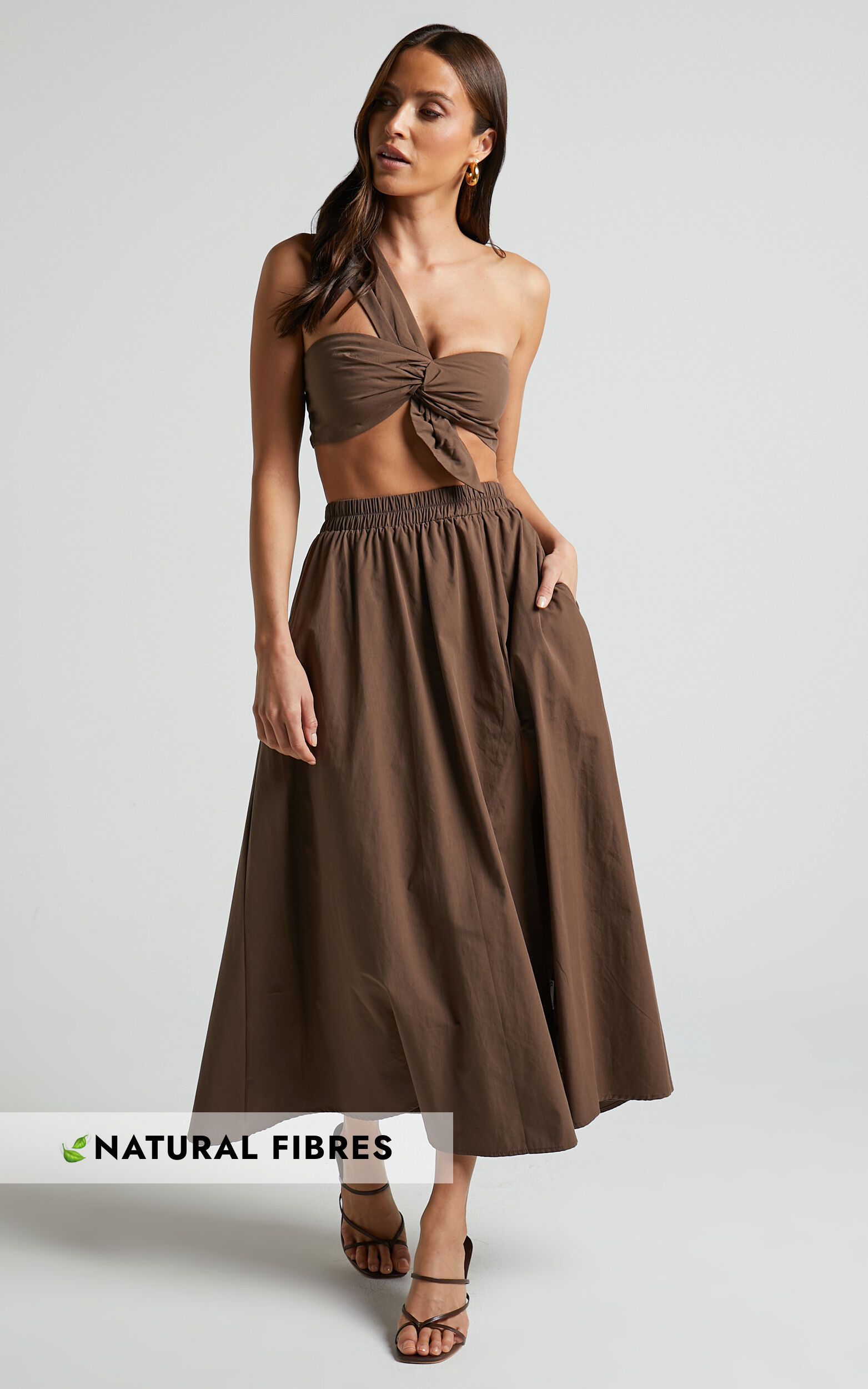 Sula Two Piece Set - One Shoulder Bralette Crop Top and Midi Skirt Set in Chocolate | Showpo (US, UK & Europe)