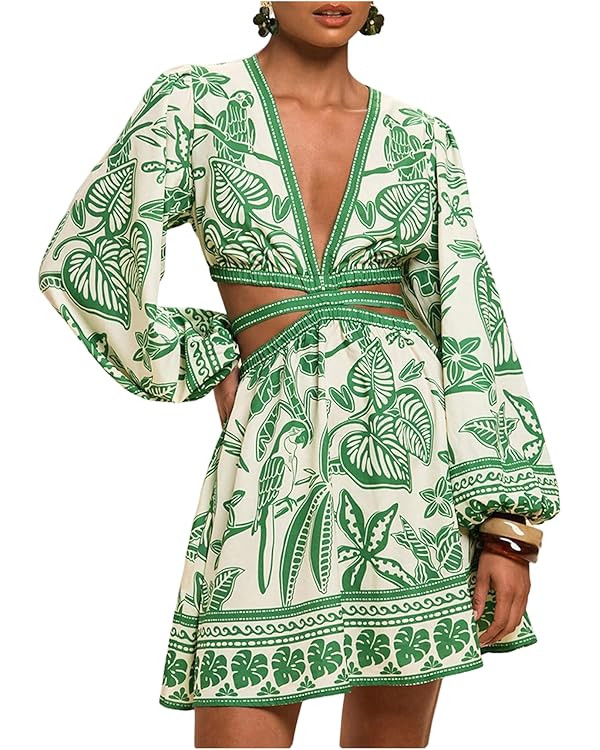 Floerns Women's Tropical Bishop Sleeve Mini Dress Cut Out Tie Back V Neck Beach A Line Dresses | Amazon (US)