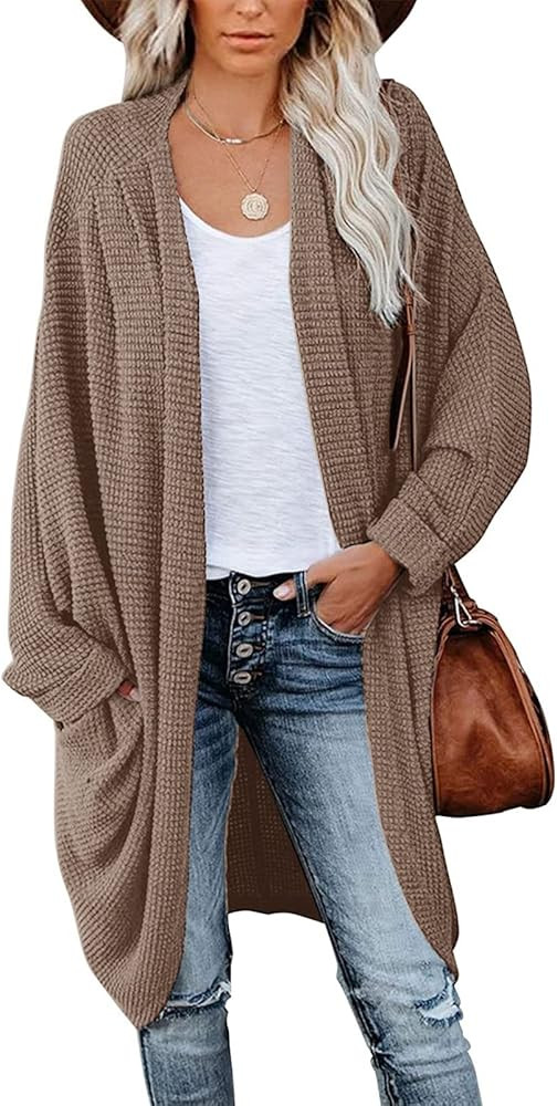 MEROKEETY Women's Waffle Knit Batwing Long Sleeve Cardigan Loose Open Front Sweater Coat | Amazon (US)