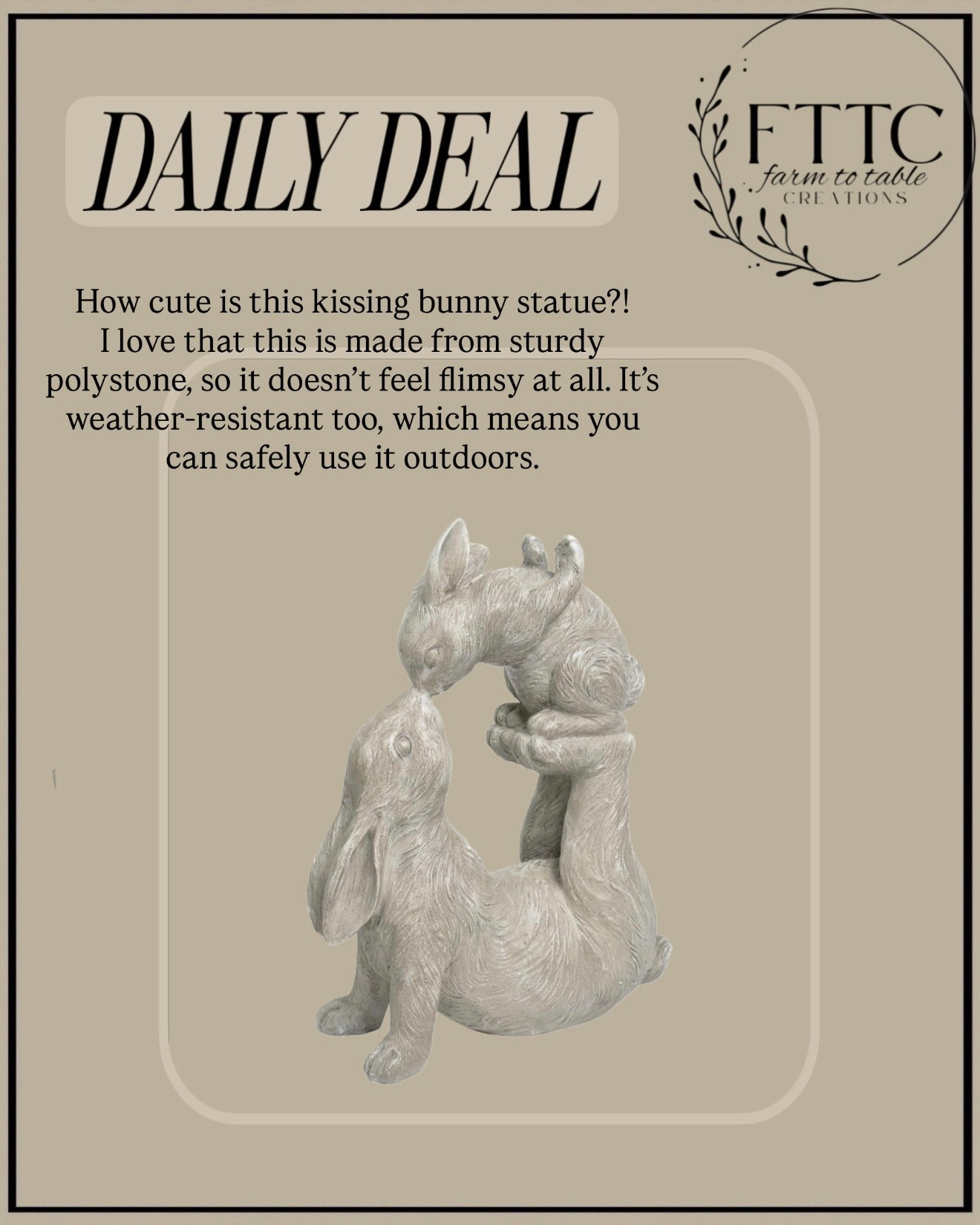 Kissing Bunny Statue — Sweet Spring Decor for Porch, Patio & Garden

Follow @farmtotablecreations on Instagram for more home finds you’ll love 🤍

How cute is this kissing bunny statue?! I love that it’s made from sturdy polystone, so it doesn’t feel flimsy at all. It’s weather-resistant too, which means you can safely use it outside on a porch, patio, or even in the garden. Such a sweet little piece for spring and Easter decorating — and it’s currently on sale 🙌

#springdecor #easterdecor #bunnydecor #outdoordecor #porchdecor #patiodecor #gardendecor #seasonaldecor #homedecor #amazonhome

#LTKHome #LTKSaleAlert