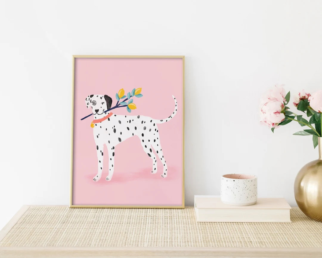 Pink Dalmatian Art Print with Lemon Branch - Dog Nursery Wall Decor  - Blush Pink Dog Print-  Gir... | Etsy (US)