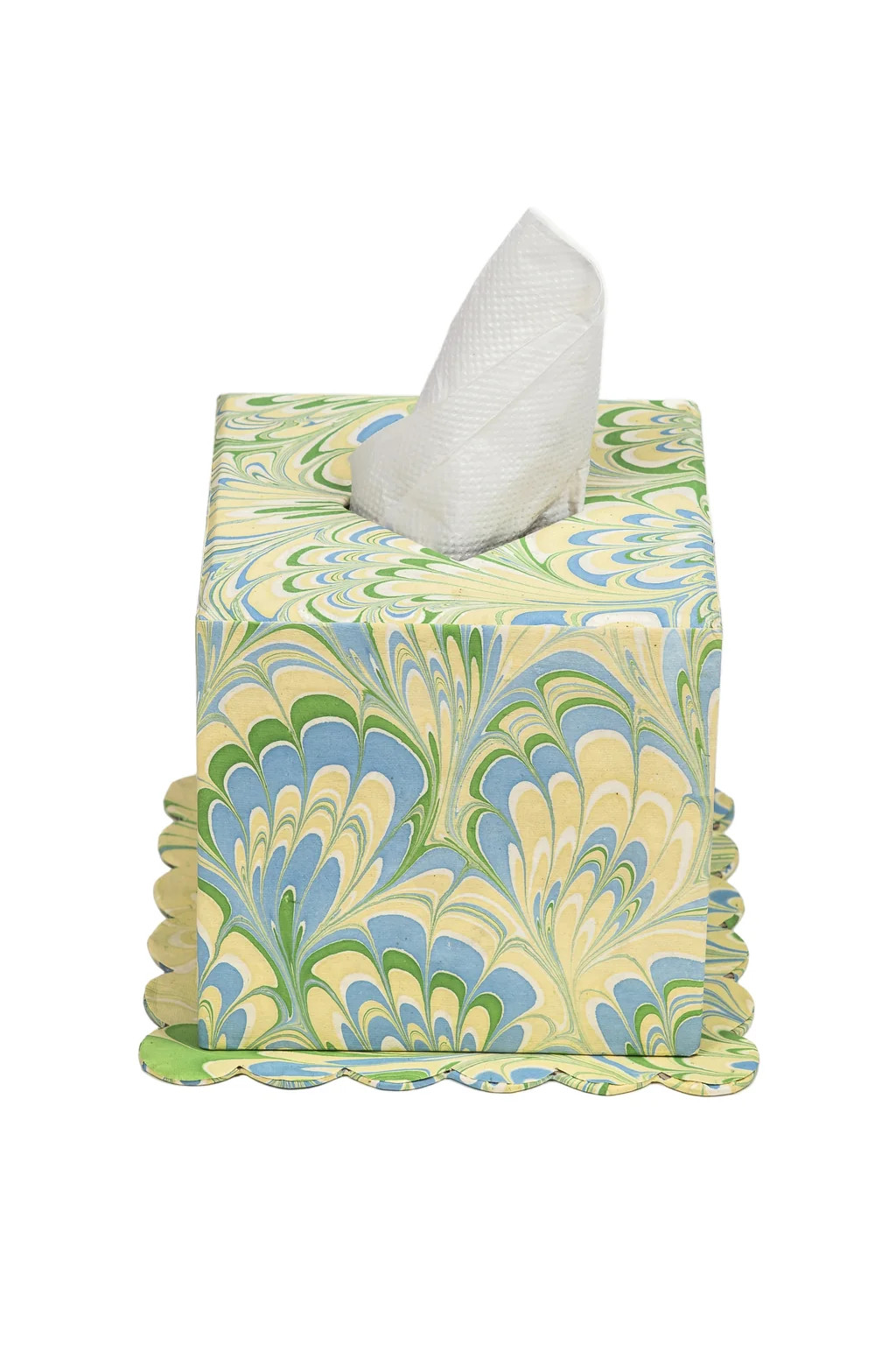 Hand-Marbled Scallop Tissue Box Cover in Seaglass Peacock | Over The Moon