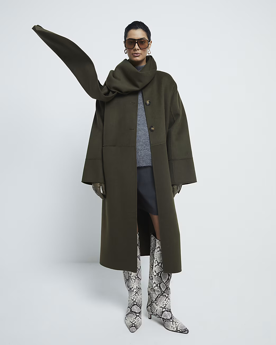 Khaki Premium Wool Blend Scarf Coat | River Island (UK & IE)