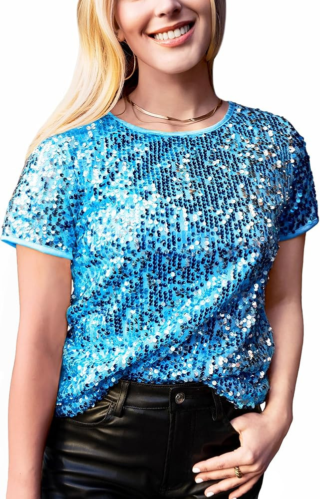 Anna-Kaci Women's Sparkly Sequin Top Short Sleeve Glitter Concert Party Disco Shirt Blouse | Amazon (US)