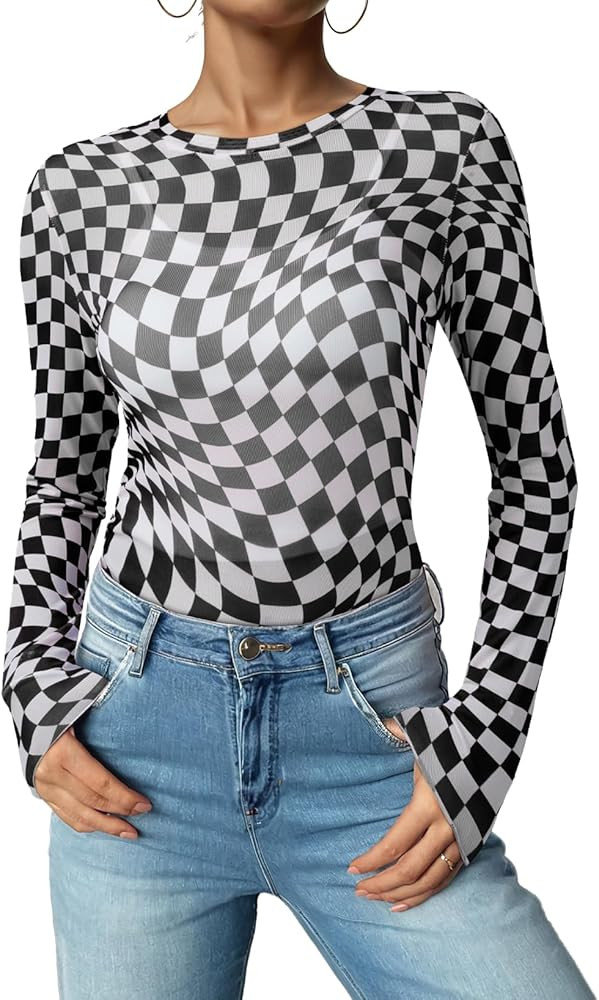 Acelitt Women's Long Sleeve Sheer Mesh Lace Blouse | Amazon (US)
