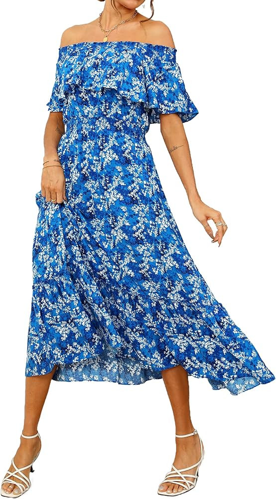 Women's 2024 Spring Summer Boho Off Shoulder Midi Dress Floral Short Sleeve A Line Casual Beach V... | Amazon (US)