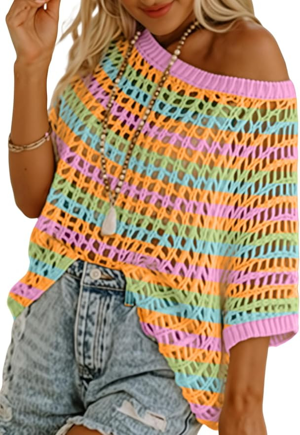 Dokotoo Womens Casual Spring Summer Crochet Hollow Out Sweaters Top 2026 Off Shoulder Pullover Sh... | Amazon (US)