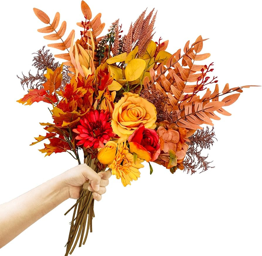 Artificial Fall Flowers Bouquets, 21.6\u201d Autumn Fake Silk Orange Flowers Wedding Bouquets wit... | Amazon (US)