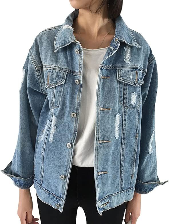 Oversize Denim Jacket for Women Ripped Jean Jacket Boyfriend Long Sleeve Coat | Amazon (US)