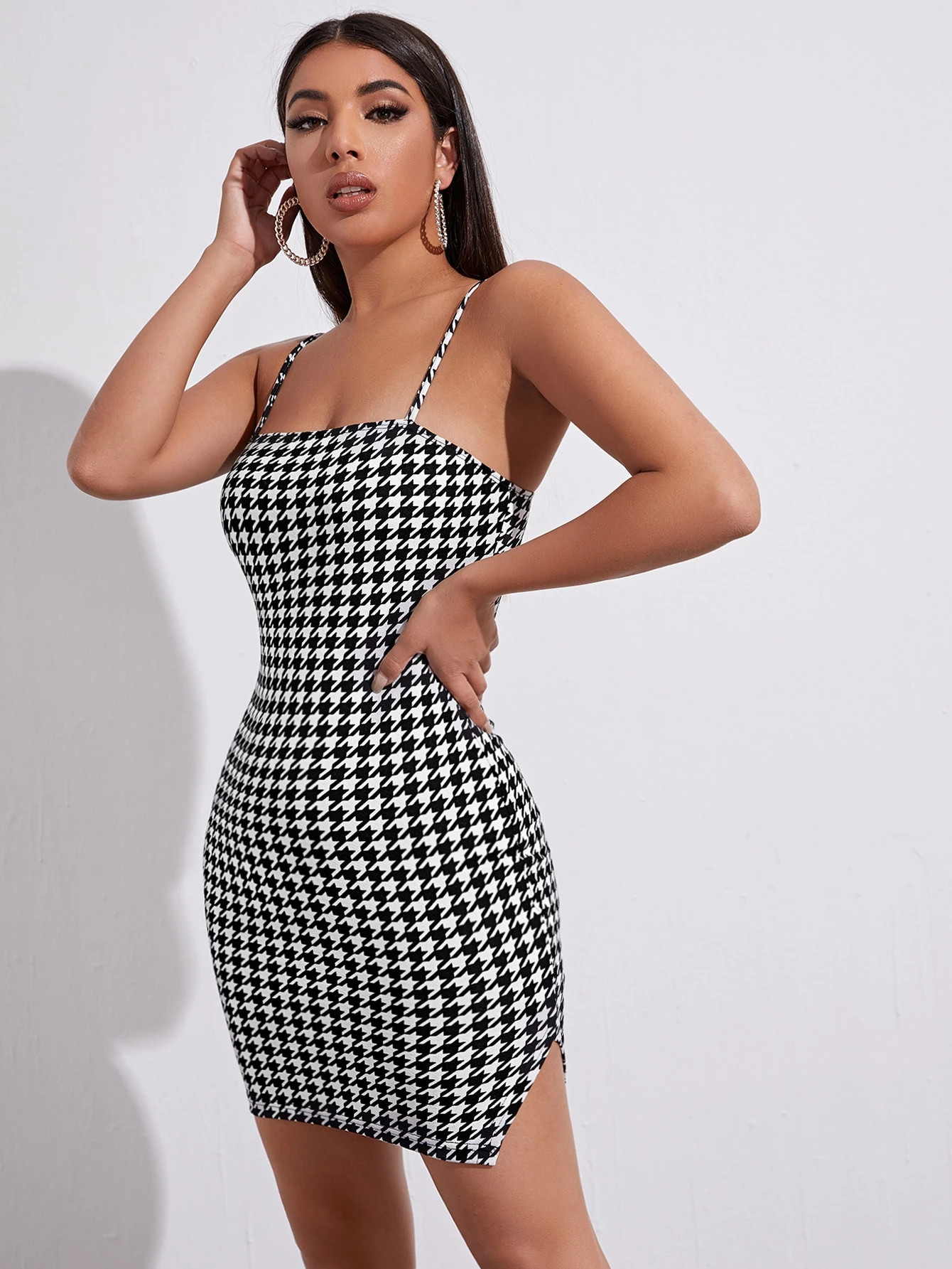 SHEIN Split Hem Houndstooth Bodycon Dress | SHEIN