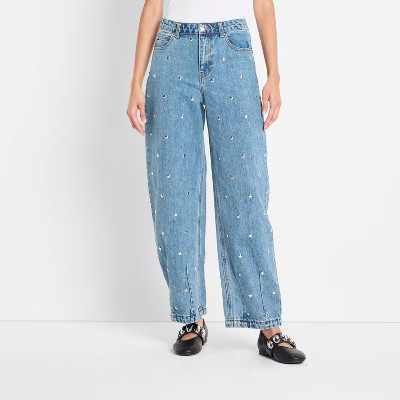 Women's Mid-Rise Studded Barrel Leg Jeans - Future Collective Blue Denim 8 | Target