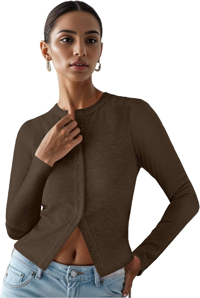 FIGKICKSEN Womens Long Sleeve Tops Button Down Going Out Fall Ribbed Cardigan Cropped Cute Casual... | Amazon (CA)