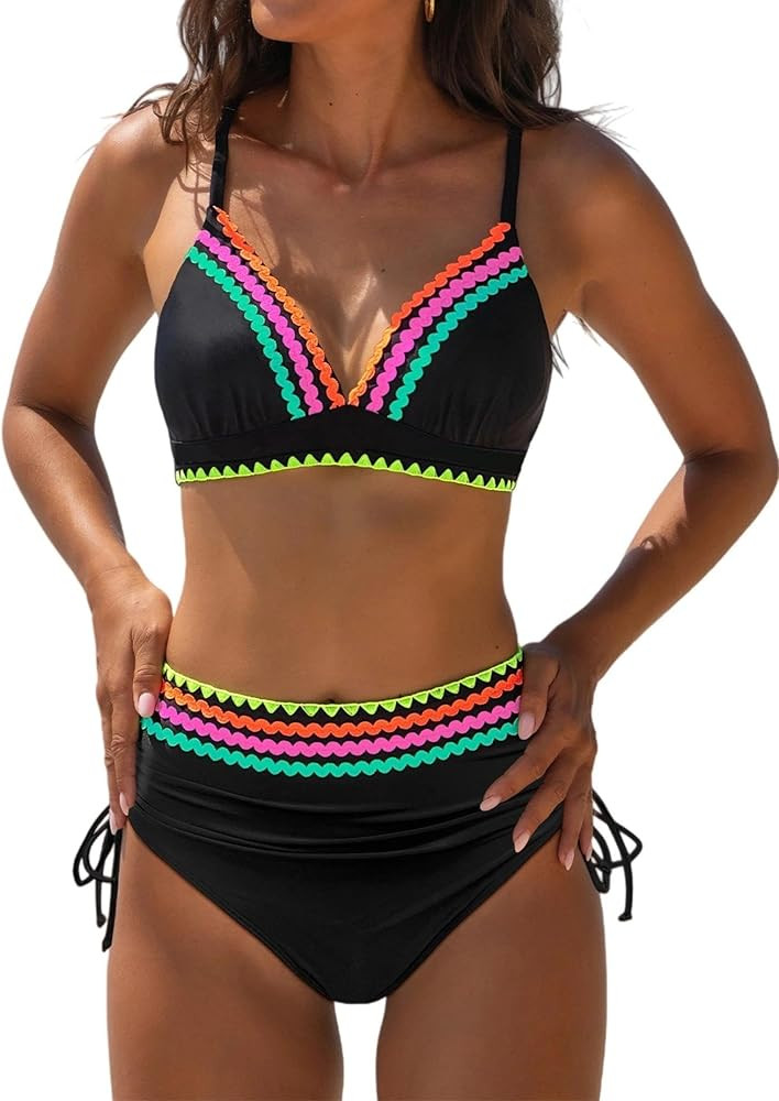 popvil High Waisted Bikini Sets for Women Tummy Control Swimsuits Two Piece Neon V Neck Drawstrin... | Amazon (US)