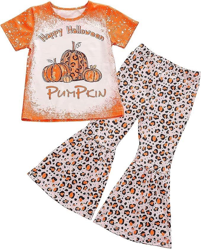 Toddler Baby Girl Clothes Set Long Sleeve Pumpkin Print T-Shirt Top Leopard Bell-bottomed Pant 2p... | Amazon (US)