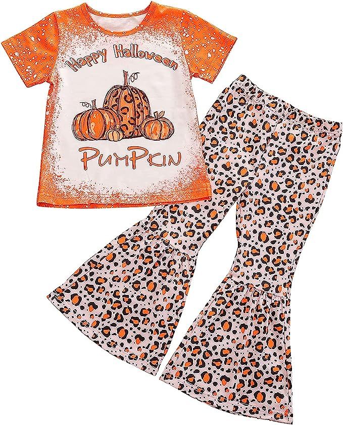 Toddler Baby Girl Clothes Set Long Sleeve Pumpkin Print T-Shirt Top Leopard Bell-bottomed Pant 2p... | Amazon (US)