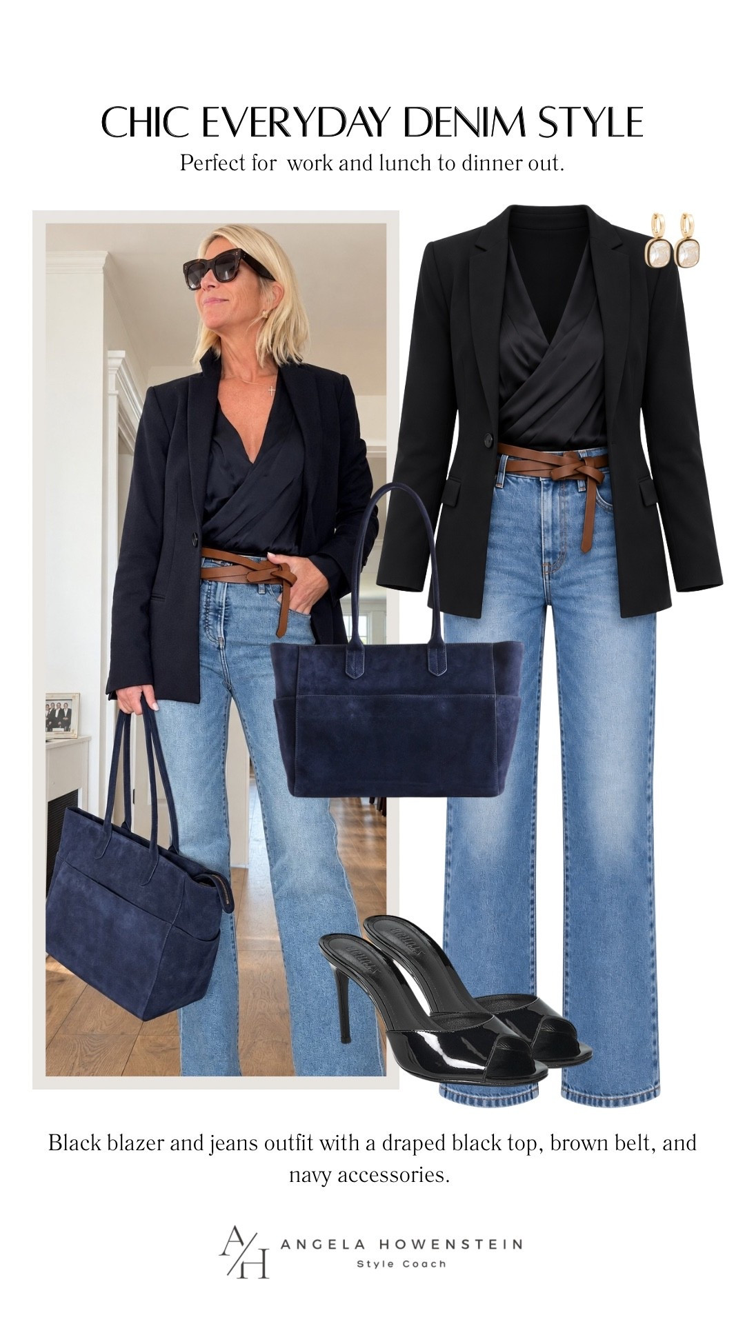 A great blazer and jeans are one of my favorite outfit combinations! A black tailored blazer, flattering draped top, and light-wash denim feel polished without being overly dressed up. The navy tote and matching heels make this look work beautifully for lunch, meetings, or dinner out.

👩‍💻 LTK PRO TIPS
❤️ Heart = Support my posts ;-)
🔖 Save = Get sale & restock alerts for the things you love!
📋 Lists = Keep favorites organized (List ideas: Christmas, Birthdays, and Vacations!)
📲 Share = Send lists and products to a friend (or your daughters like me).
💬 Comment = Ask me anything, and I’ll answer. ;-)