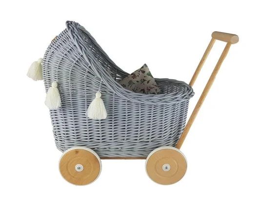 Wiklibox wicker & beech wood doll's pram in GRAY color + bedding and tassels | Etsy (US)